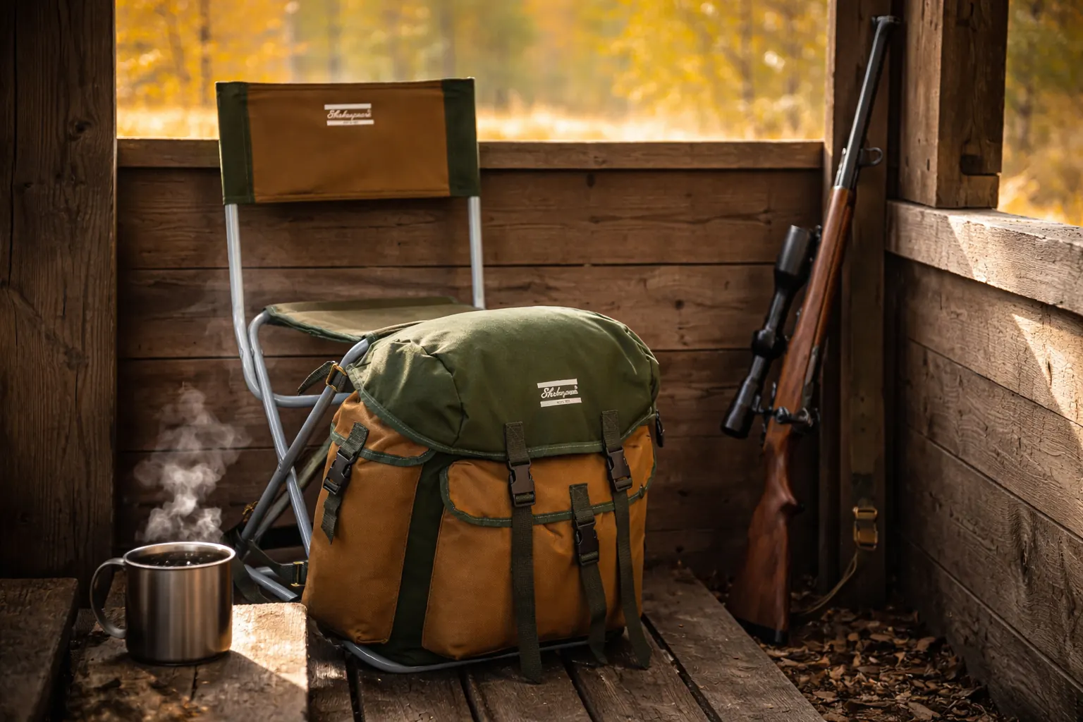 Shakespeare Deluxe Rucksack Chair placerad i ett jakttorn med rykande kaffekopp och jaktgevär – höstmiljö
