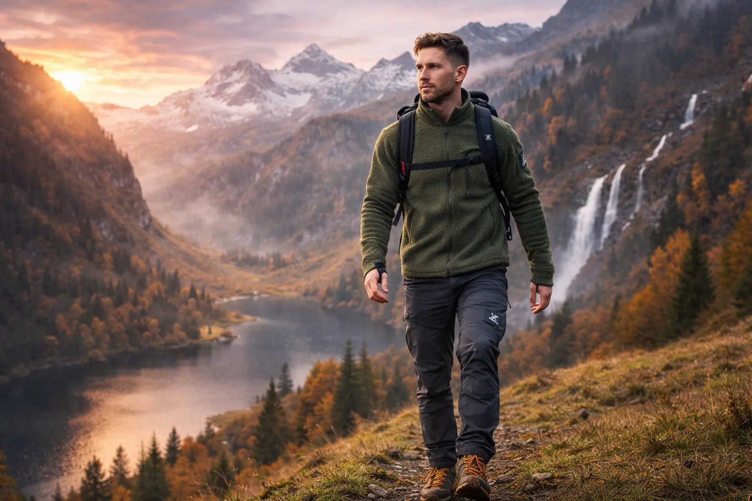 Vandrare i friluftsbyxor går på en bergsstig med sjö, vattenfall och berg i bakgrunden under solnedgång.