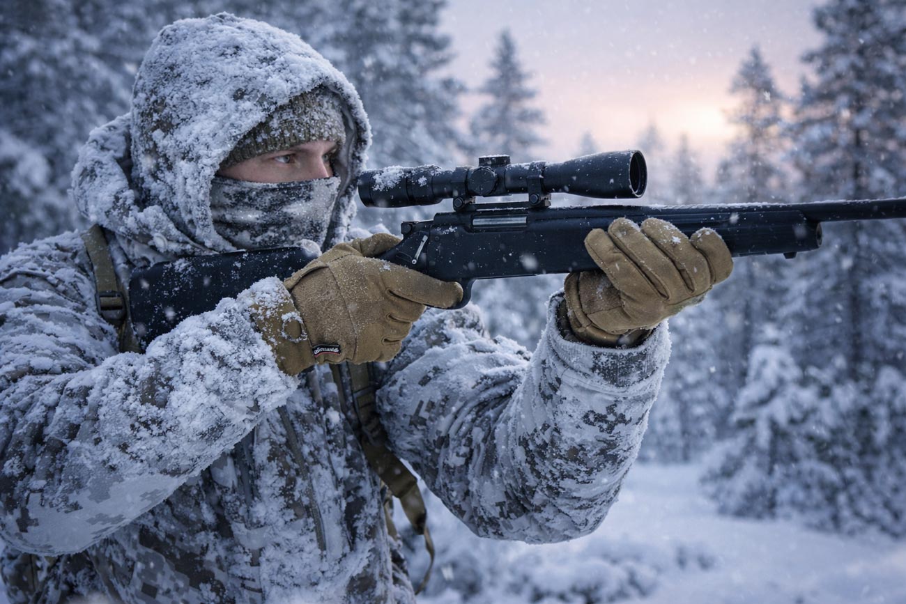 Jägare i vintermiljö med varma jakt­handskar som siktar med gevär i snötäckt skog