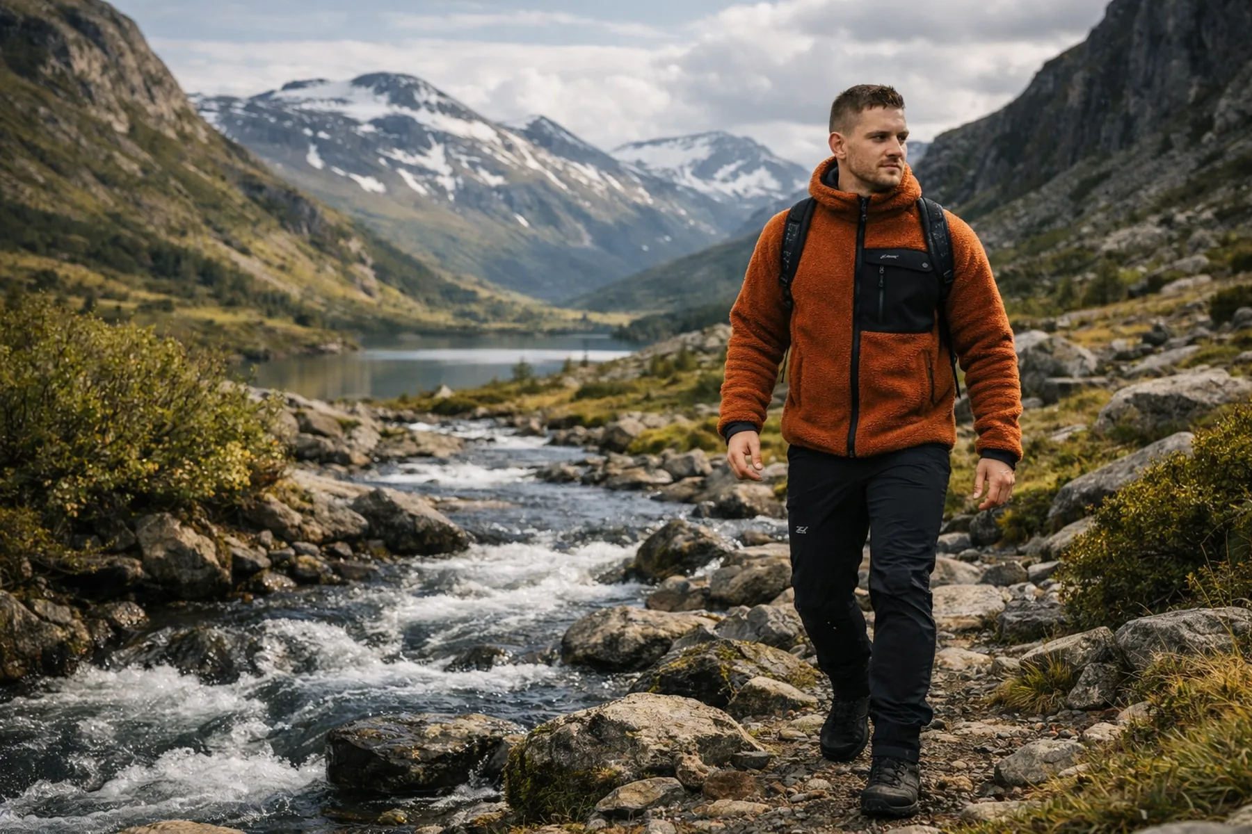 Vandrande man i RevolutionRace fleecejacka vid fjällbäck med fjäll i bakgrunden