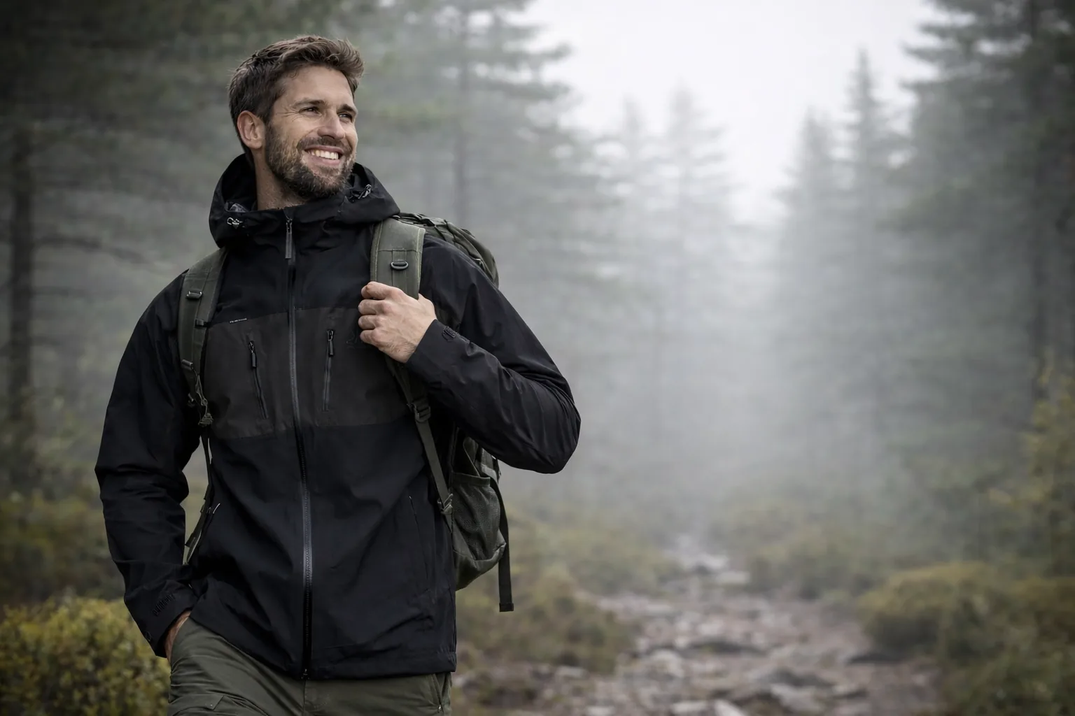 Man vandrar i fjällmiljö med RevolutionRace Silence ProShell 3L skaljacka i blåsigt väder