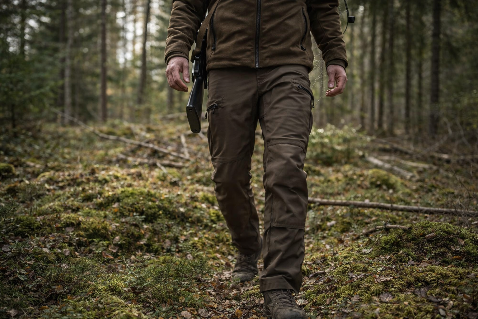 Jägare som går i skogen iklädd Härkila Aspire HWS jaktbyxor för aktiv jakt i varierande terräng
