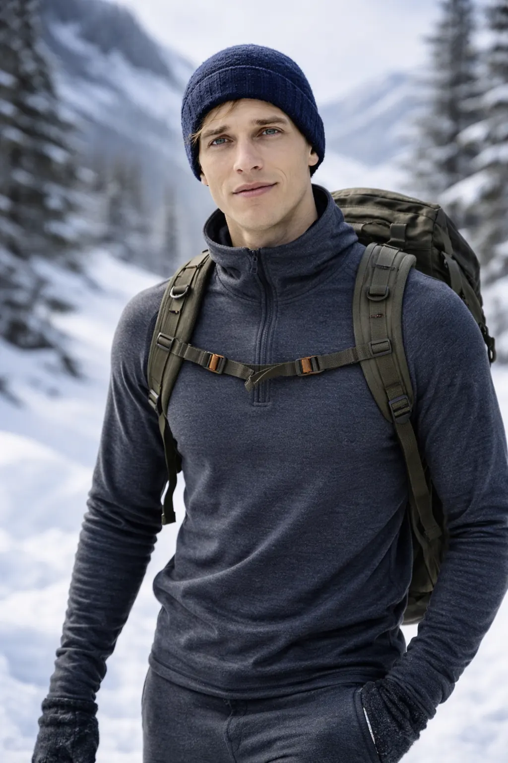 Man i vintermiljö med jaktkläder och mössa i merinoull – perfekt för friluftsliv och jakt i kyla