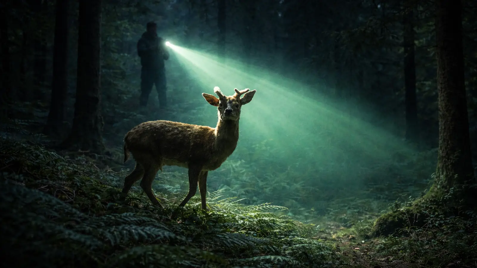 Rådjur i skog belyst av grönt eftersöksljus med jägare i bakgrunden