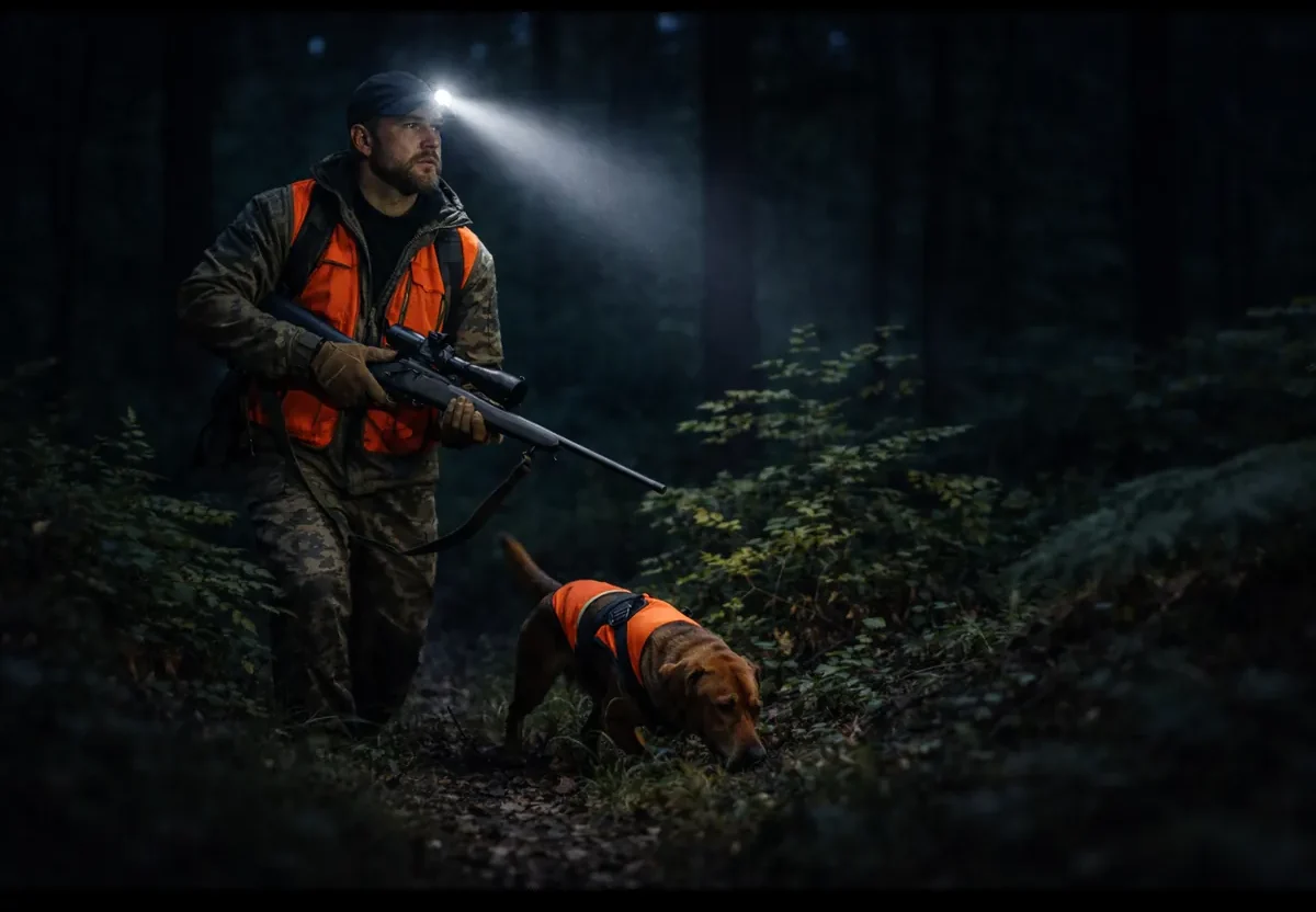 Eftersöksjägare med hund och jaktvapen i mörk skog, upplyst av pannlampa under nattligt eftersök