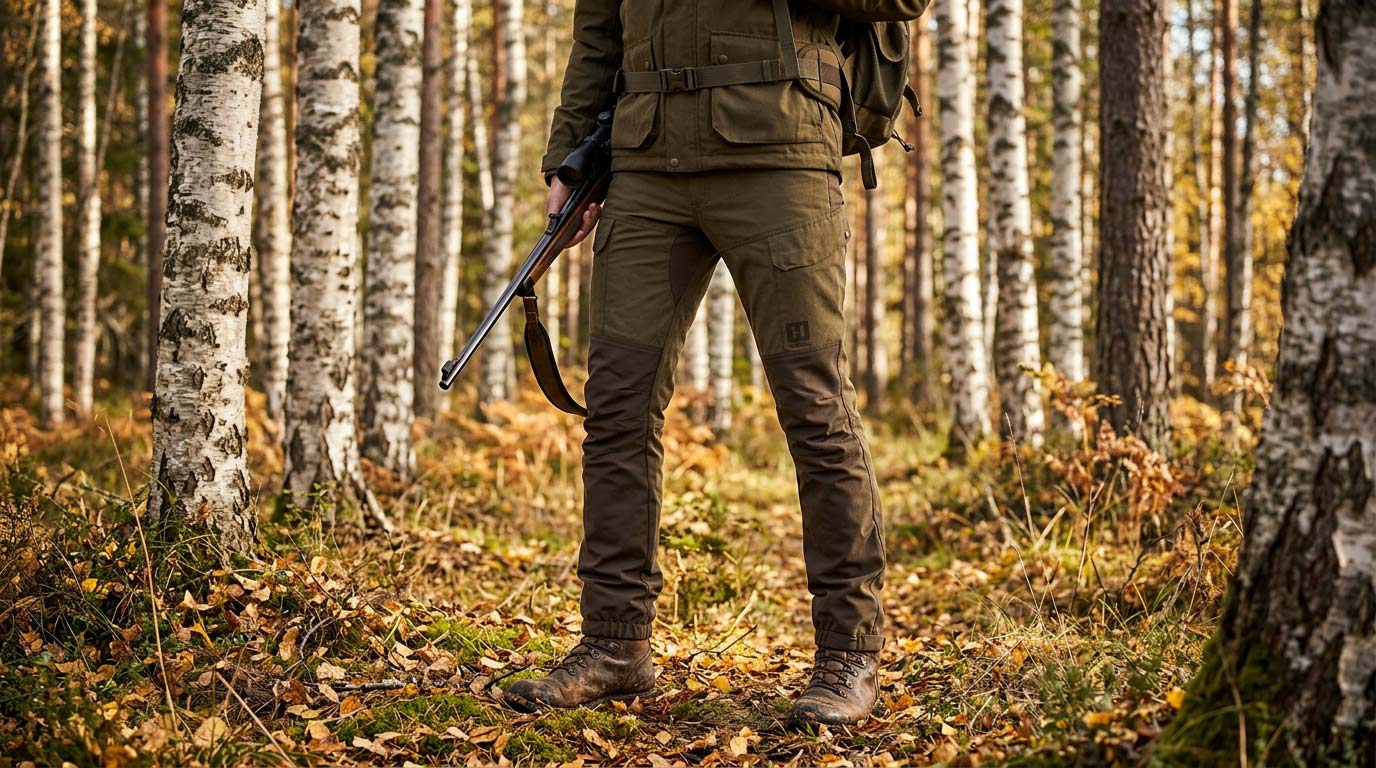 Jägare bär Härkila Scandinavian byxor under smygjakt i björkskog