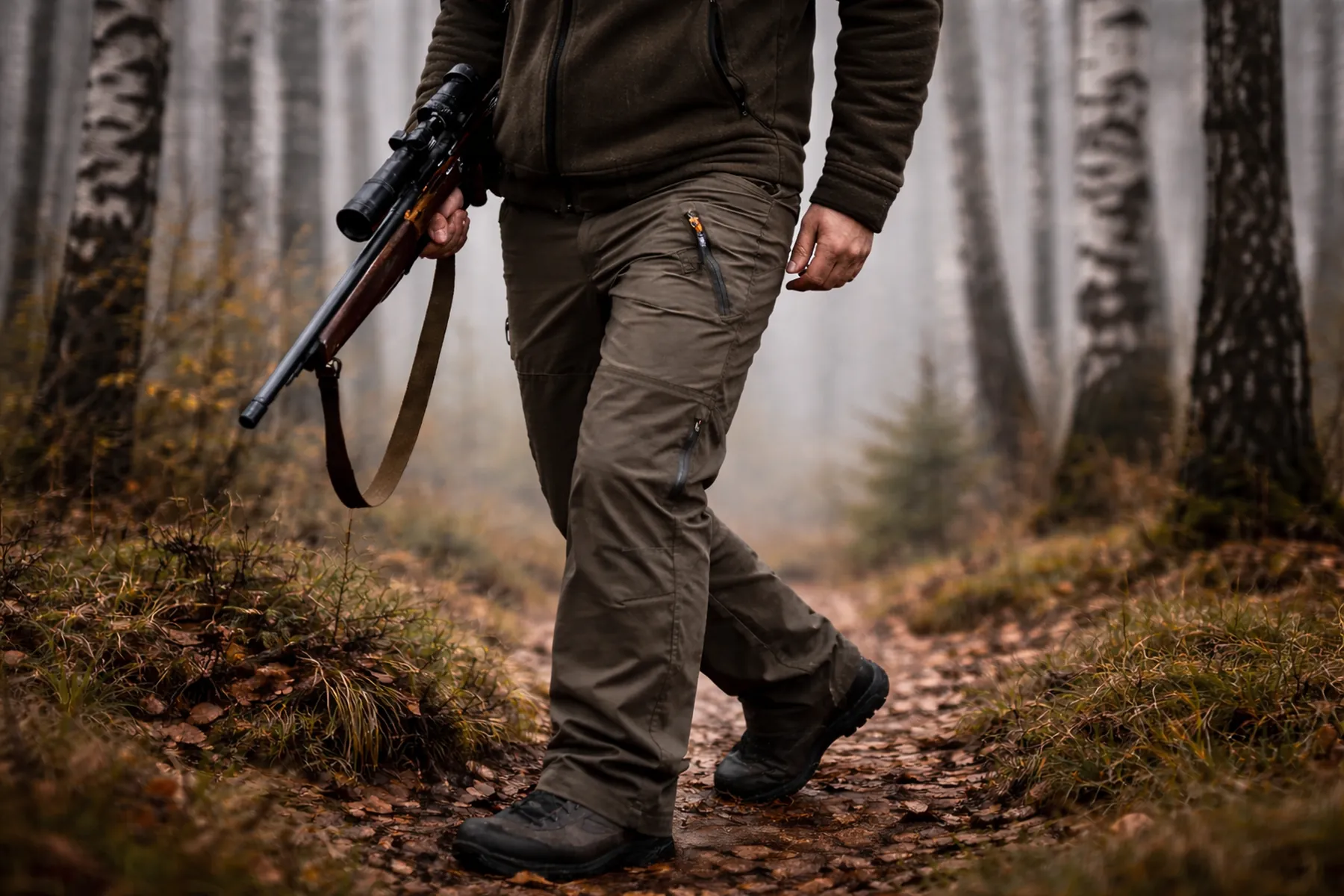 Jägare i dimmig björkskog under grå höstdag, iförd slitstarka gröna HART-jaktbyxor under smygjakt.