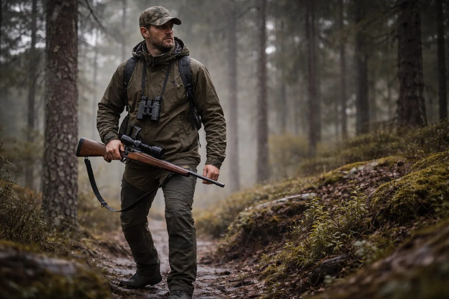 Jägare i regnig skog med HART Enduro-T XHP jaktbyxor under tuffa väderförhållanden