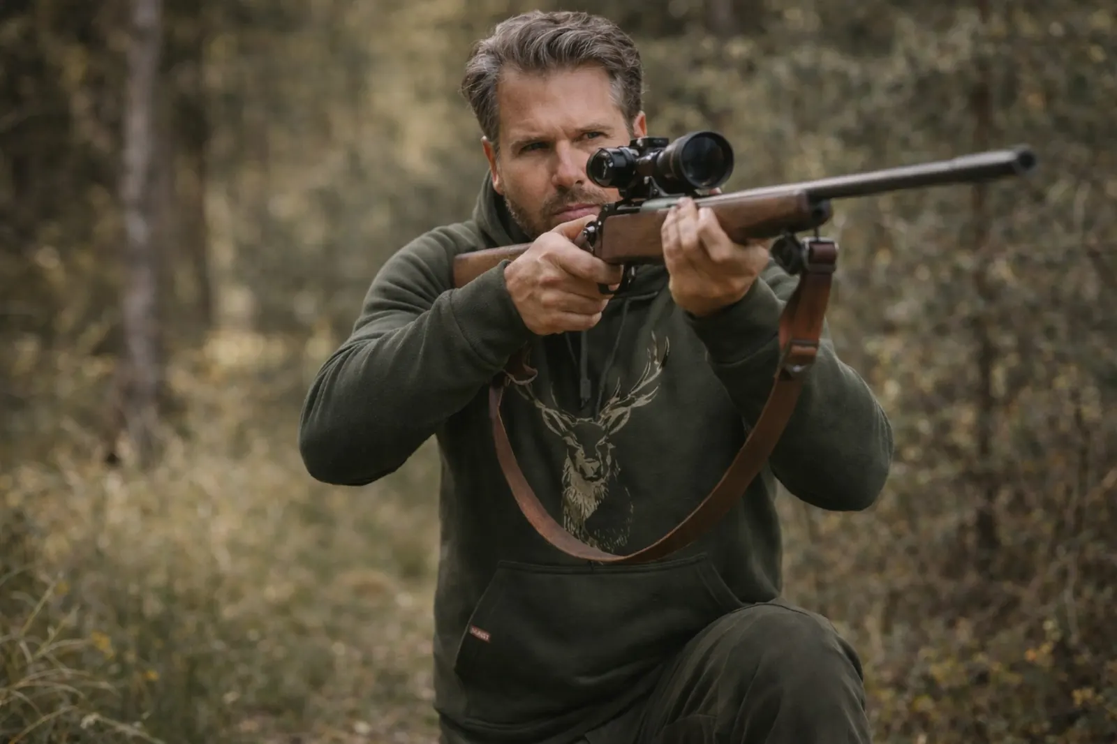 Jägare i smygjakt i skogen med gevär och grön jakttröja