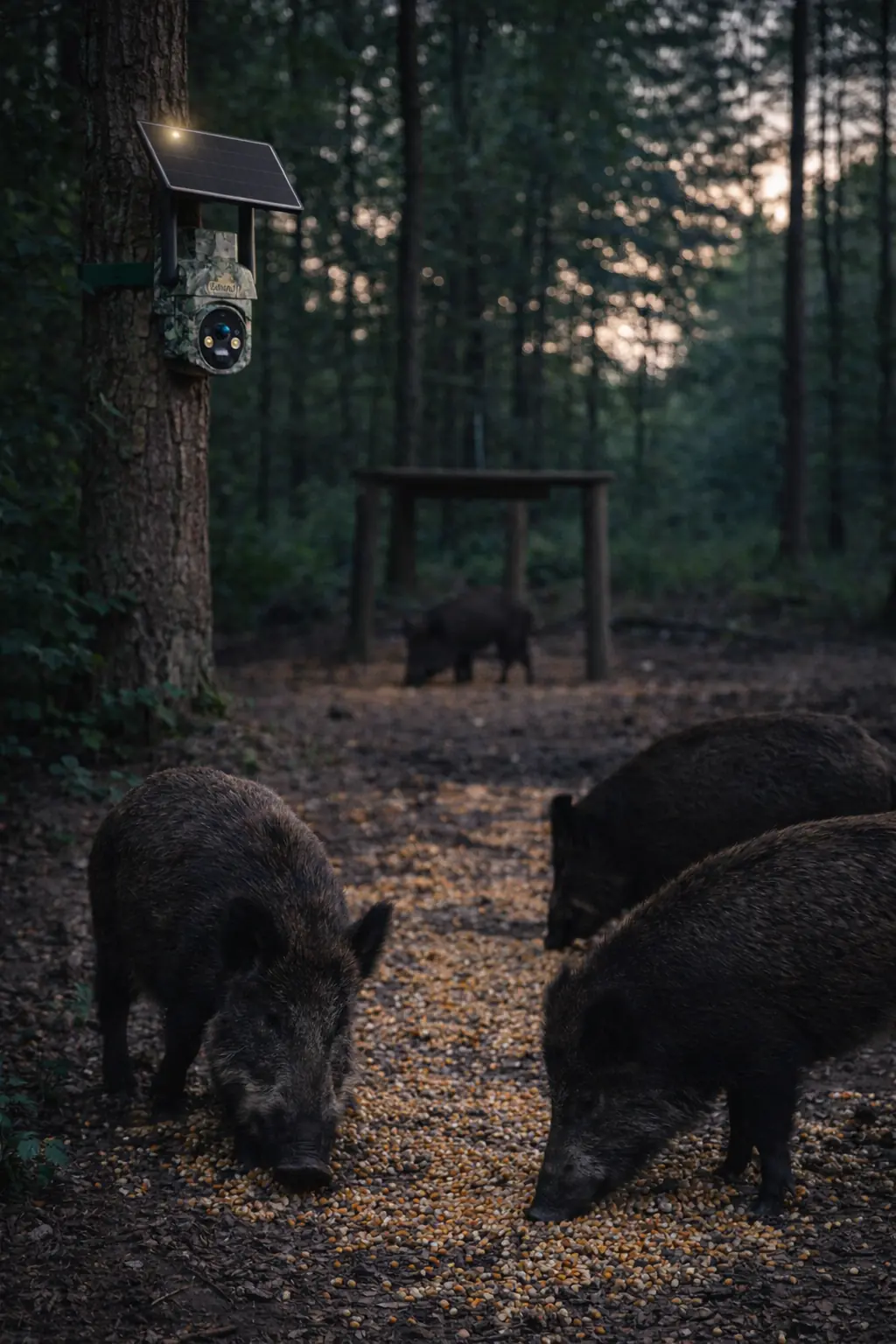 Lemnoi 4G LTE åtelkamera med solpanel vid åtelplats där vildsvin äter – test av bästa åtelkameran 2025