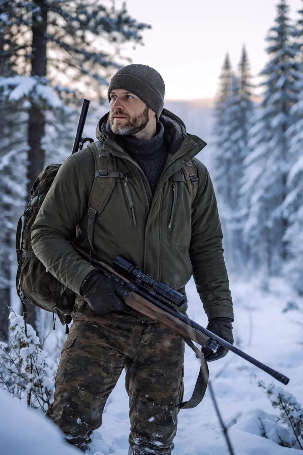 Jägare i vintermiljö klädd för kyla – merinoull eller syntet vid jakt