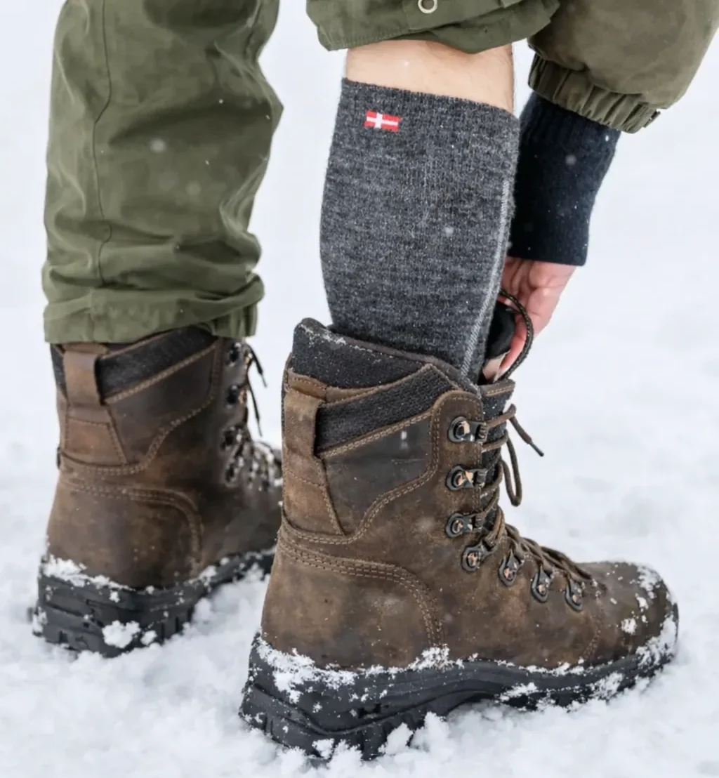 Merinoullstrumpor från Danish Endurance använda i jaktkängor under vinterjakt i snö.
