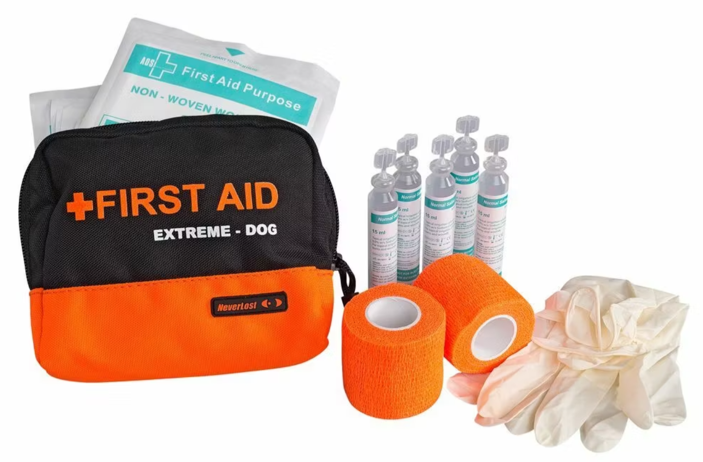 Innehåll i NeverLost Första Hjälpenset Extreme med bandage, kompresser och rengöring