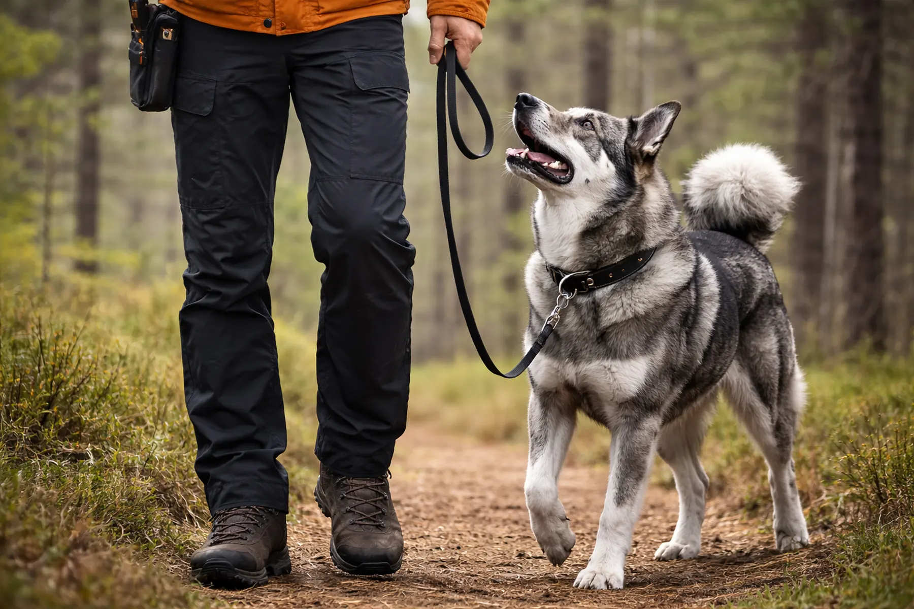 Man tränar gråhund i skog iklädd Pinewood Dog Sports Trainer Extreme Trousers