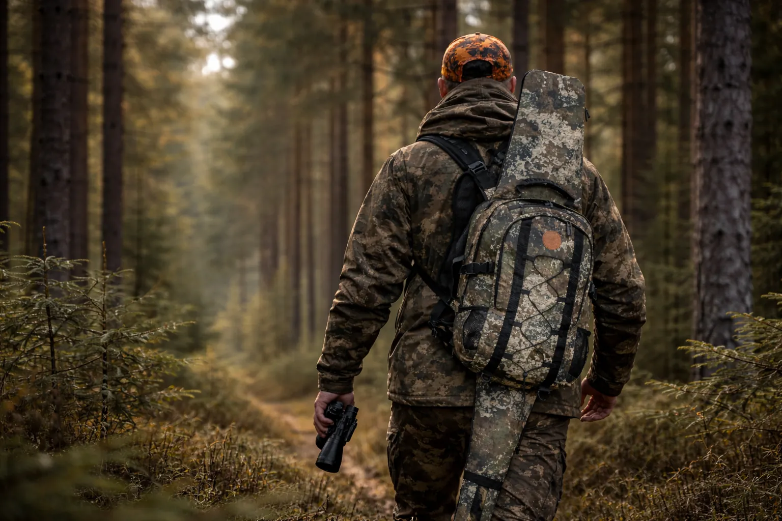 Jägare med Pinewood Hunting Camou 22L Strata-ryggsäck på ryggen som går genom skog