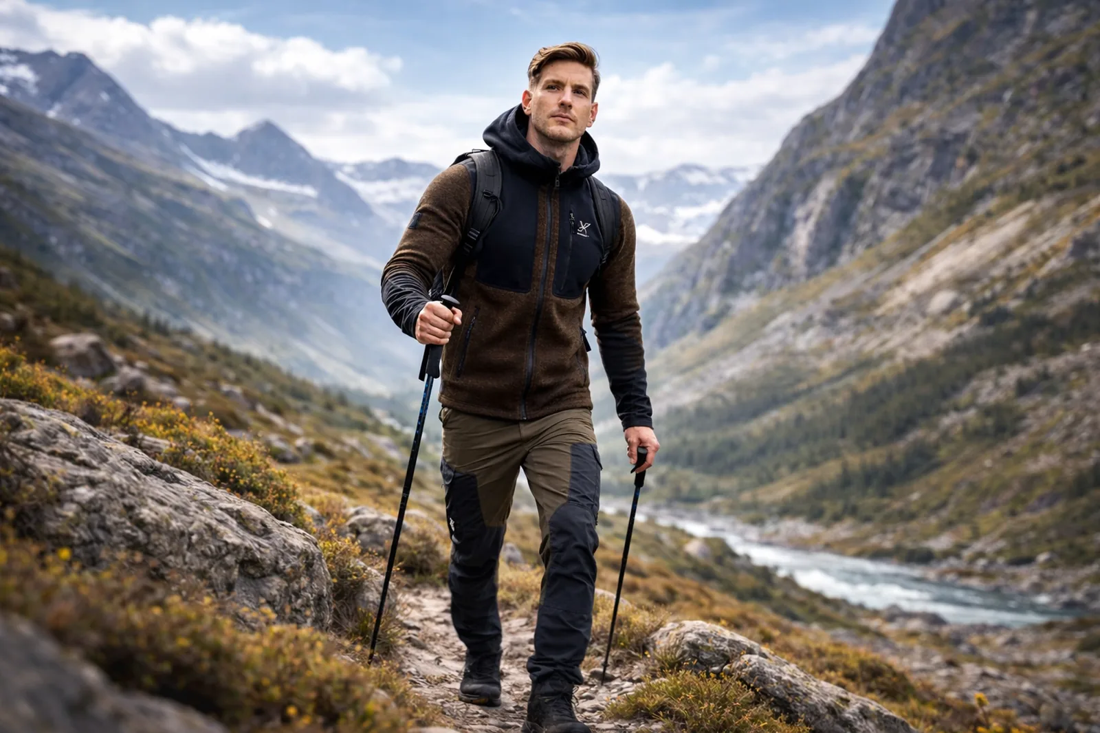 Vandrare i fjällmiljö med slitstarka RevolutionRace-friluftskläder under aktiv vandring