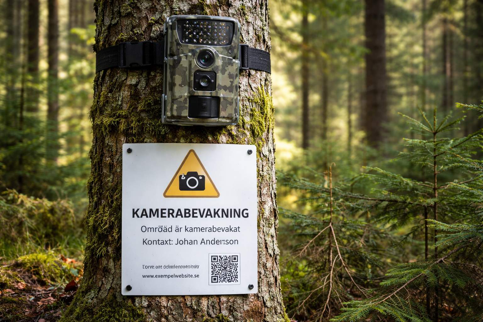 Åtelkamera monterad på träd med informationsskylt om kamerabevakning enligt svenska regler