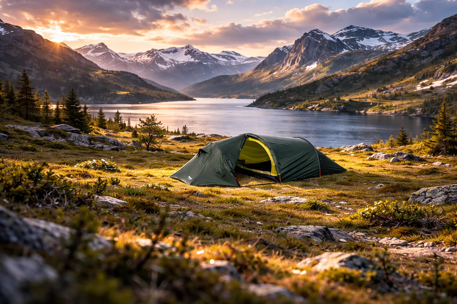 Bergans Hardangervidda 3-personers tält uppsatt i öppen fjällmiljö med berg och vidsträckt natur i bakgrunden.