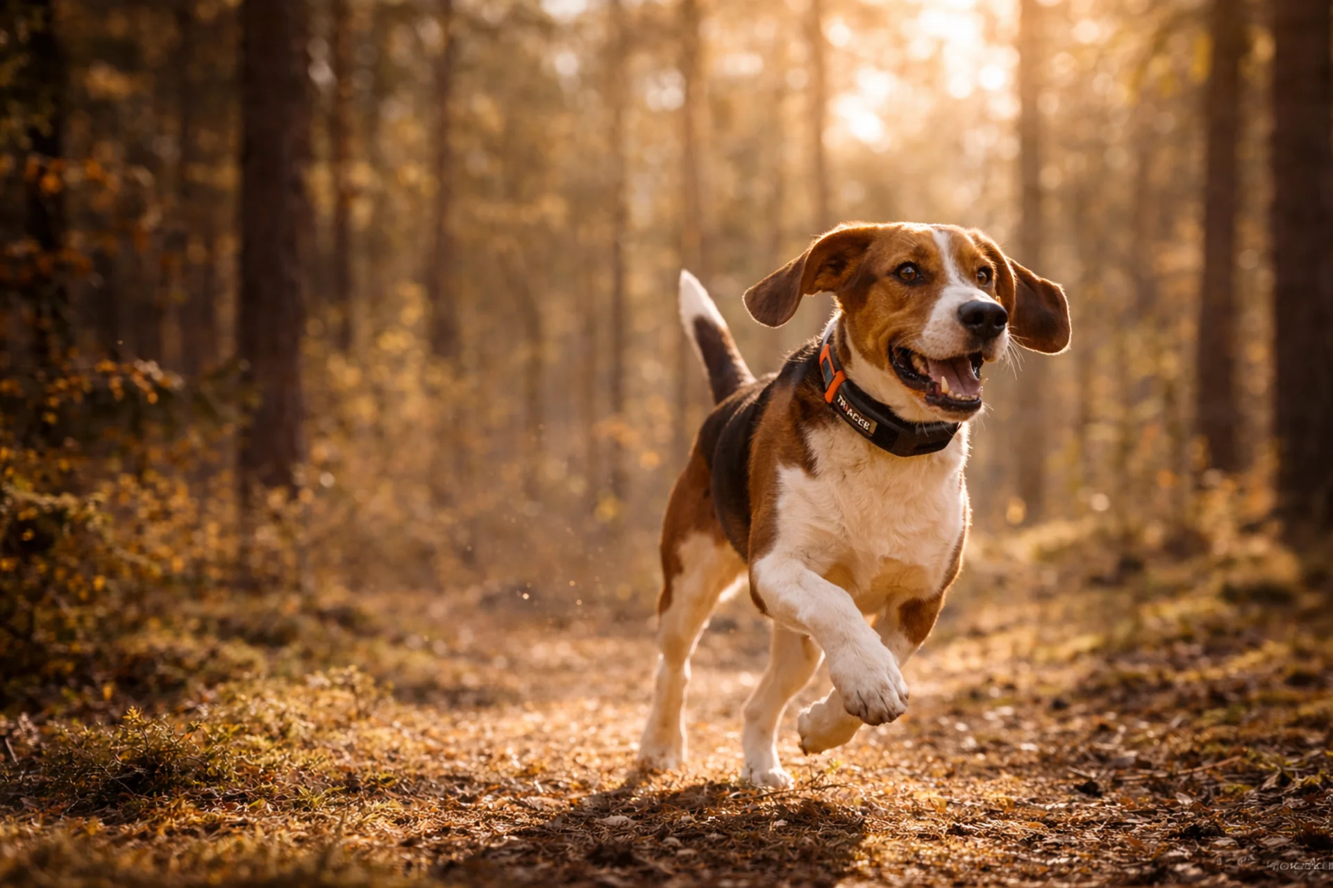 GPS till jakthund – beagle med Tracker Luna-kompatibel GPS-halsband springer i skog