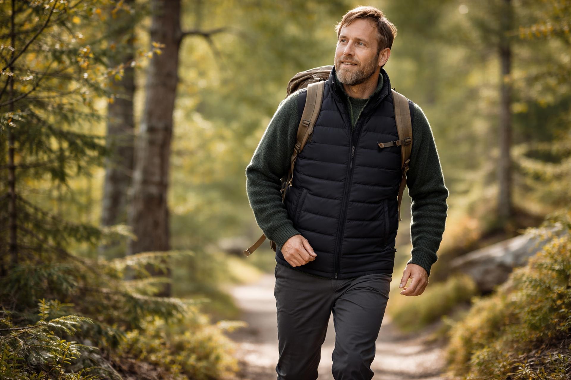 Fjällräven Men's Greenland Down Liner Vest – man vandrar på skogsstig i naturmiljö