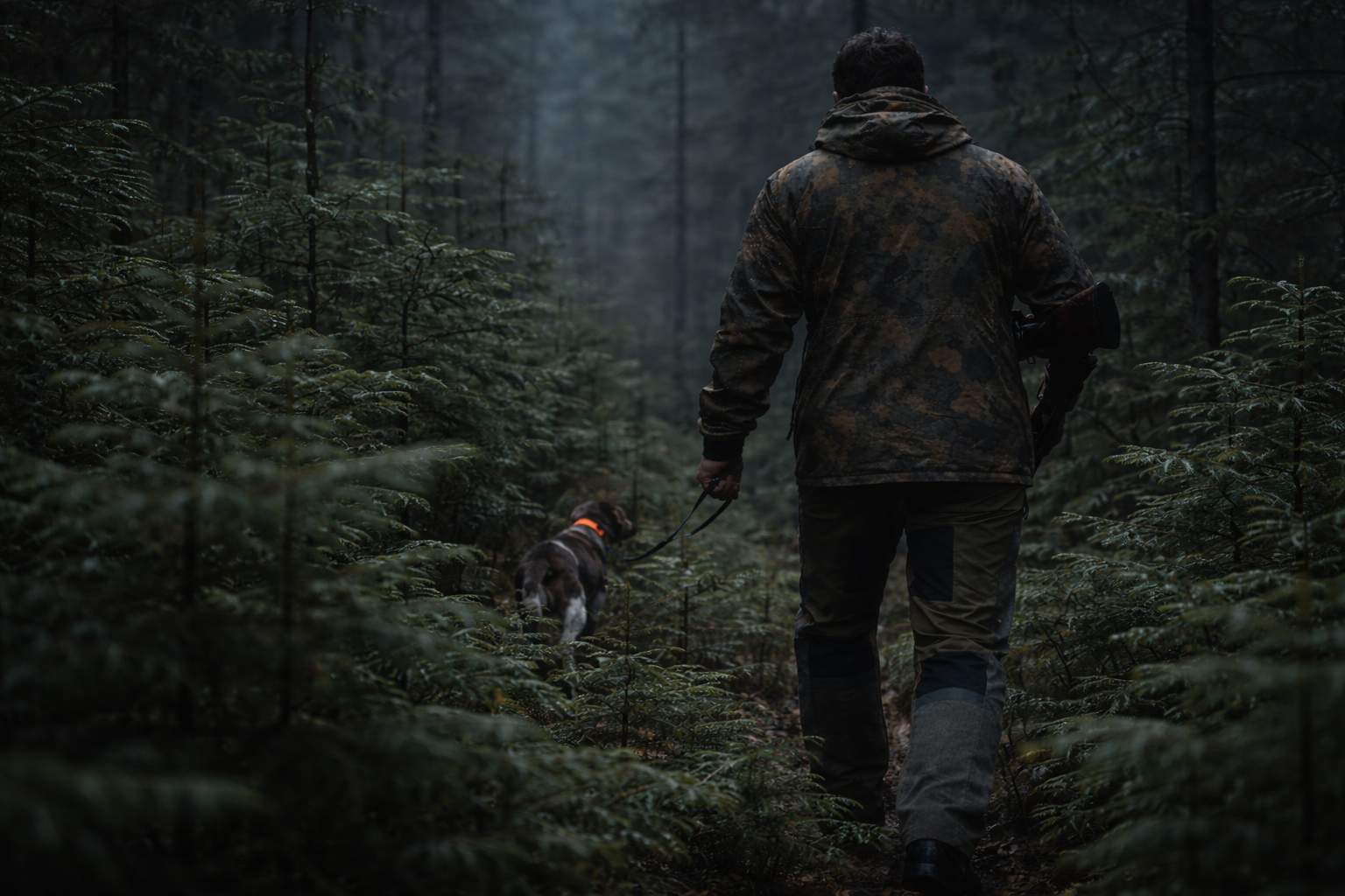 Jägare i HART KernigTech-T jaktbyxor går med hund genom tät ung granskog en dimmig morgon