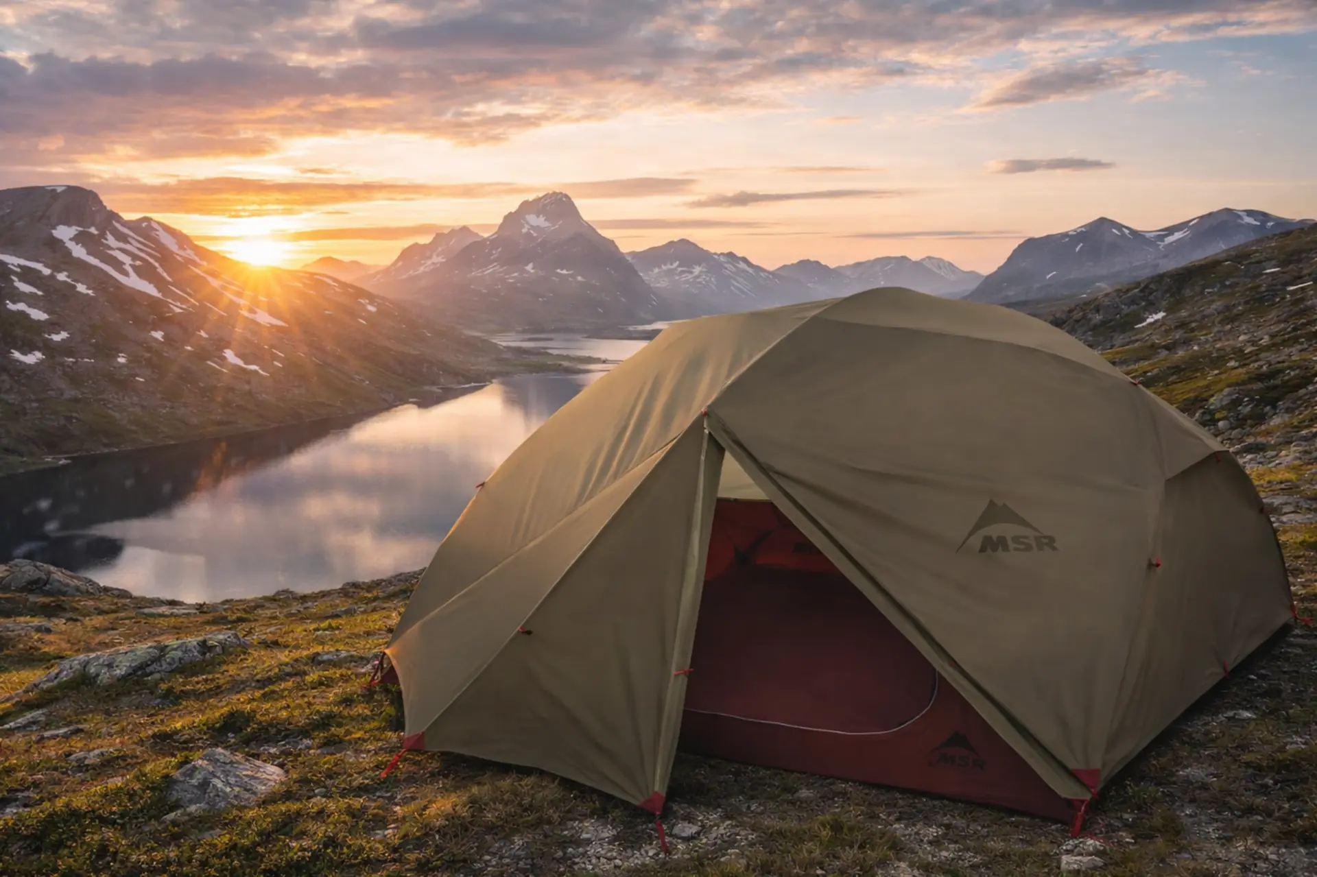 MSR Elixir 4 Green uppsatt vid fjällsjö i solnedgång – rymligt fyrmannatält för vandring och camping