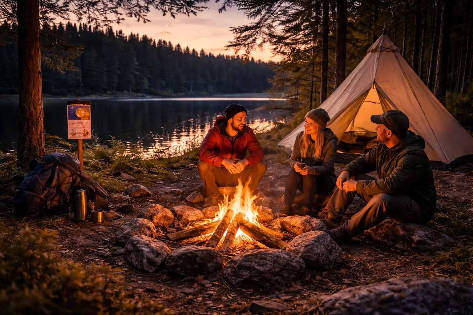 Personer sitter runt lägereld vid tält i svensk skog vid en sjö i skymningen