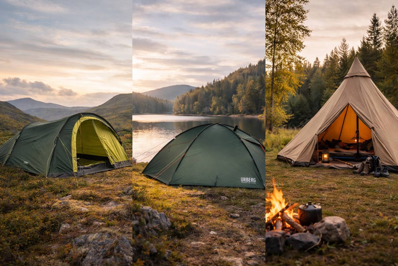 Tre olika tältmodeller i naturen – tunneltält, kupoltält och tipitält i jämförelse