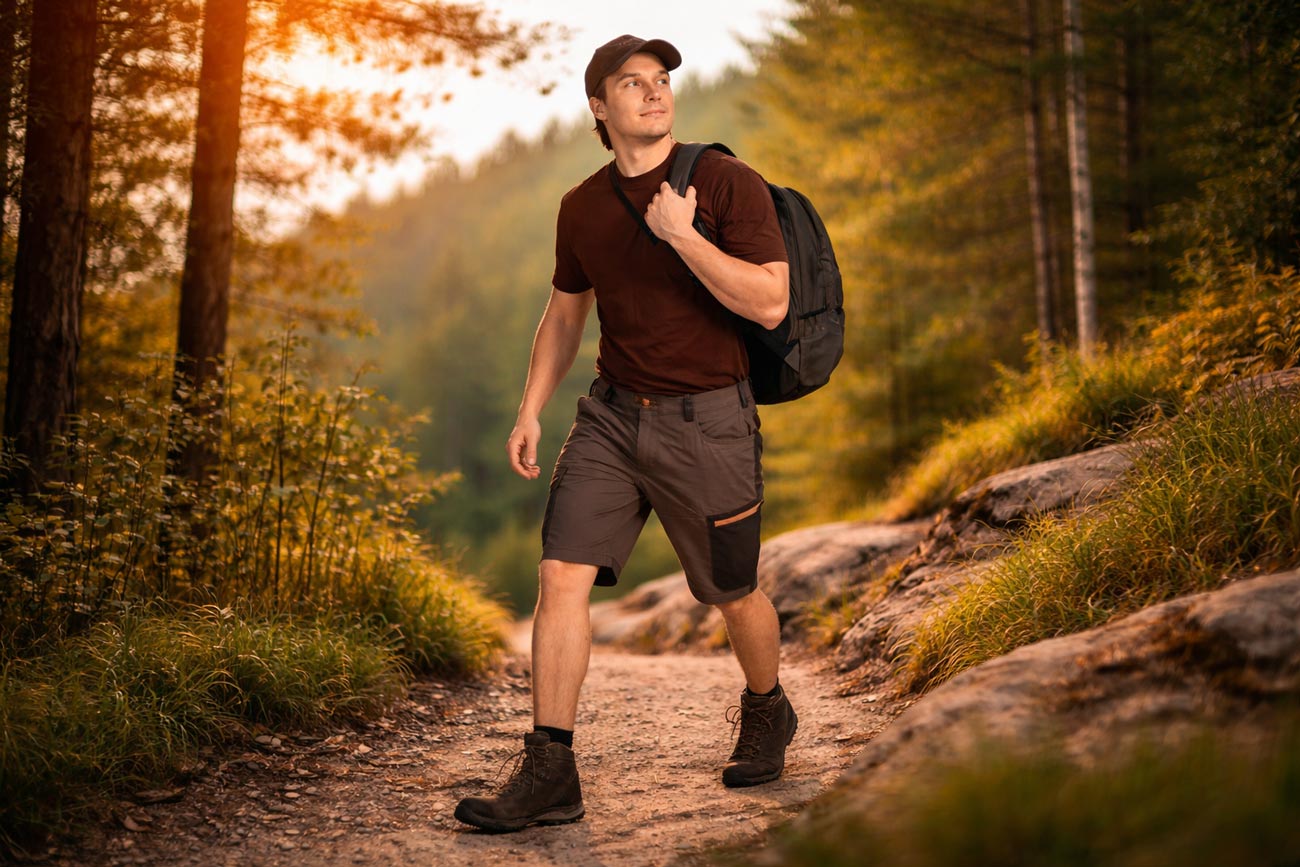 Man vandrar i skogen med Pinewood Finnveden Trail Hybrid Shorts i naturlig friluftsmiljö
