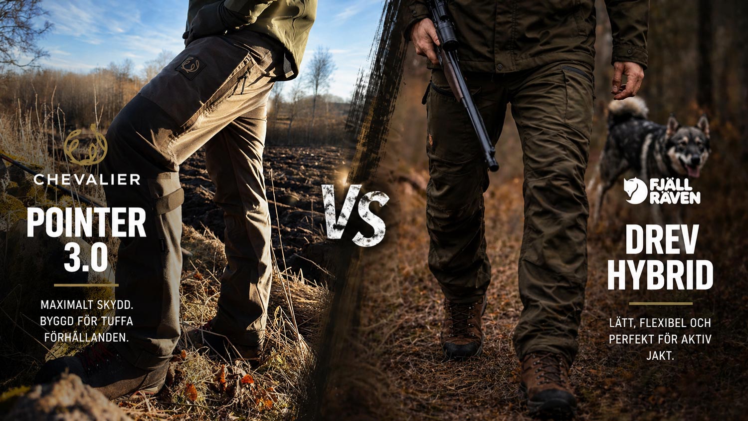 Chevalier Pointer 3.0 vs Fjällräven Drev Hybrid jaktbyxor jämförelse i skogsmiljö