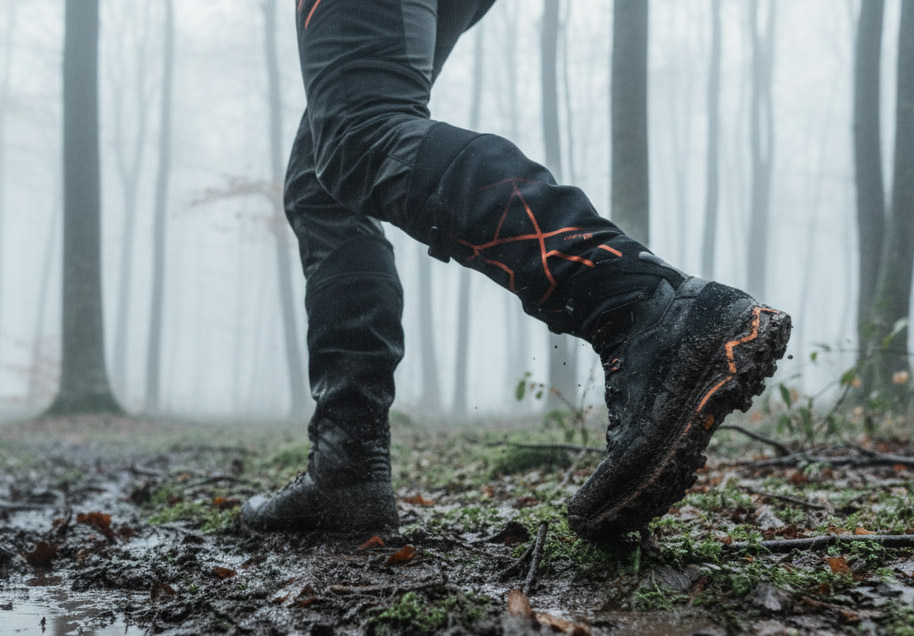 Crispi Futura NXT GTX jaktkänga i blöt skogsmiljö med lera och dimma