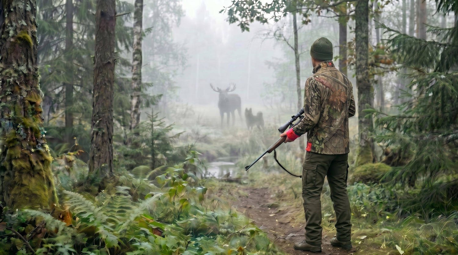 jägare i Härkila Moose Hunter 2.0 fleecejacka smygjakt i skog med älg i bakgrunden