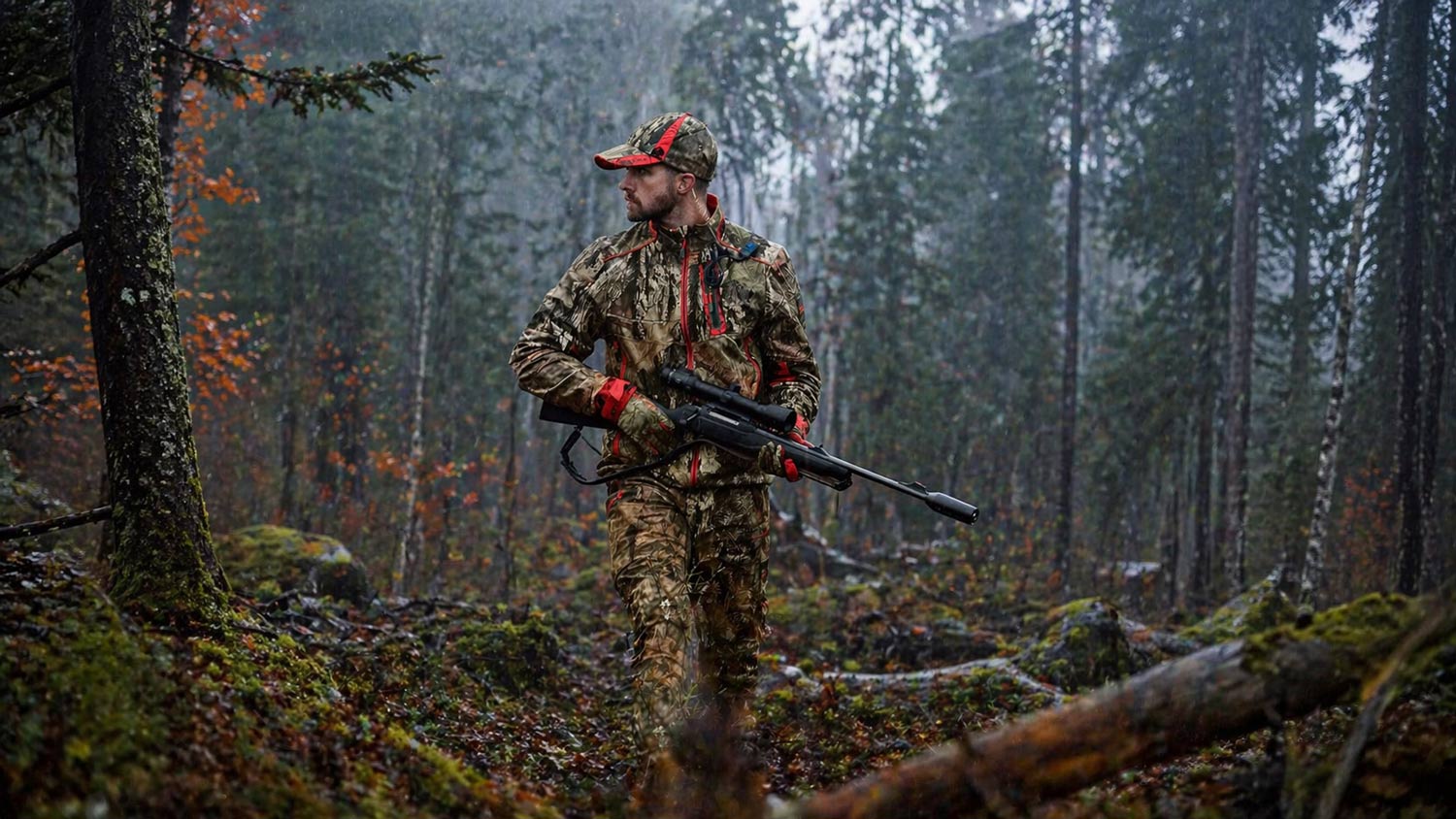 Jägare i Härkila Moose Hunter 2.0 WSP jacka i tät skog under smygjakt