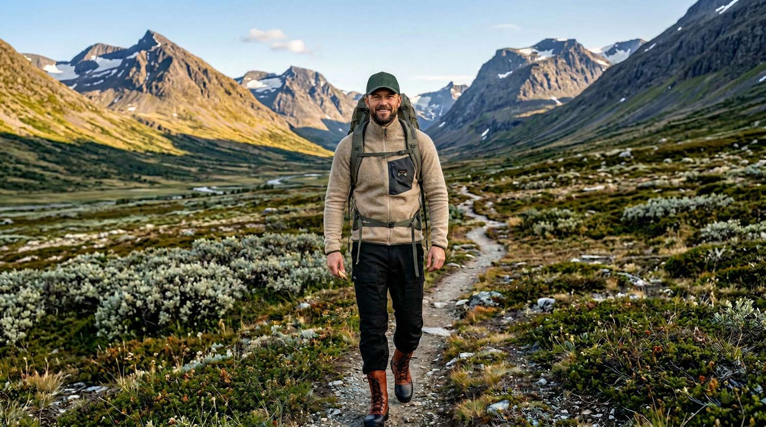 Man vandrar i fjällmiljö med Lundhags Flok Wool Pile fleece och ryggsäck