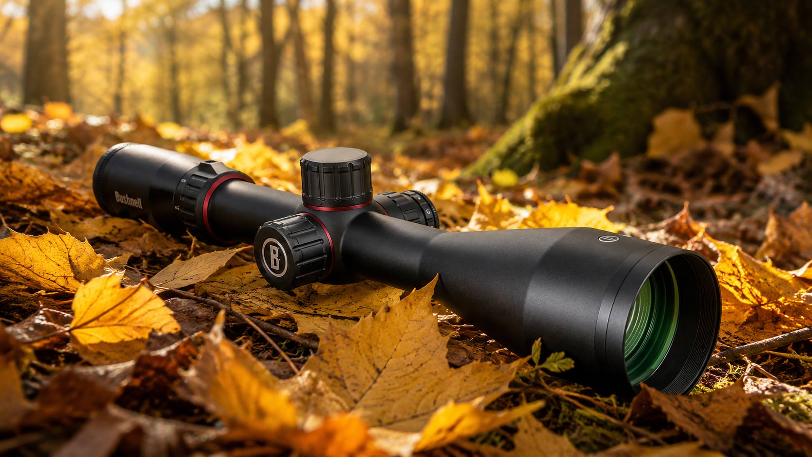 Bushnell Nitro 3-18x56 kikarsikte liggande på gula höstlöv i skogsmiljö
