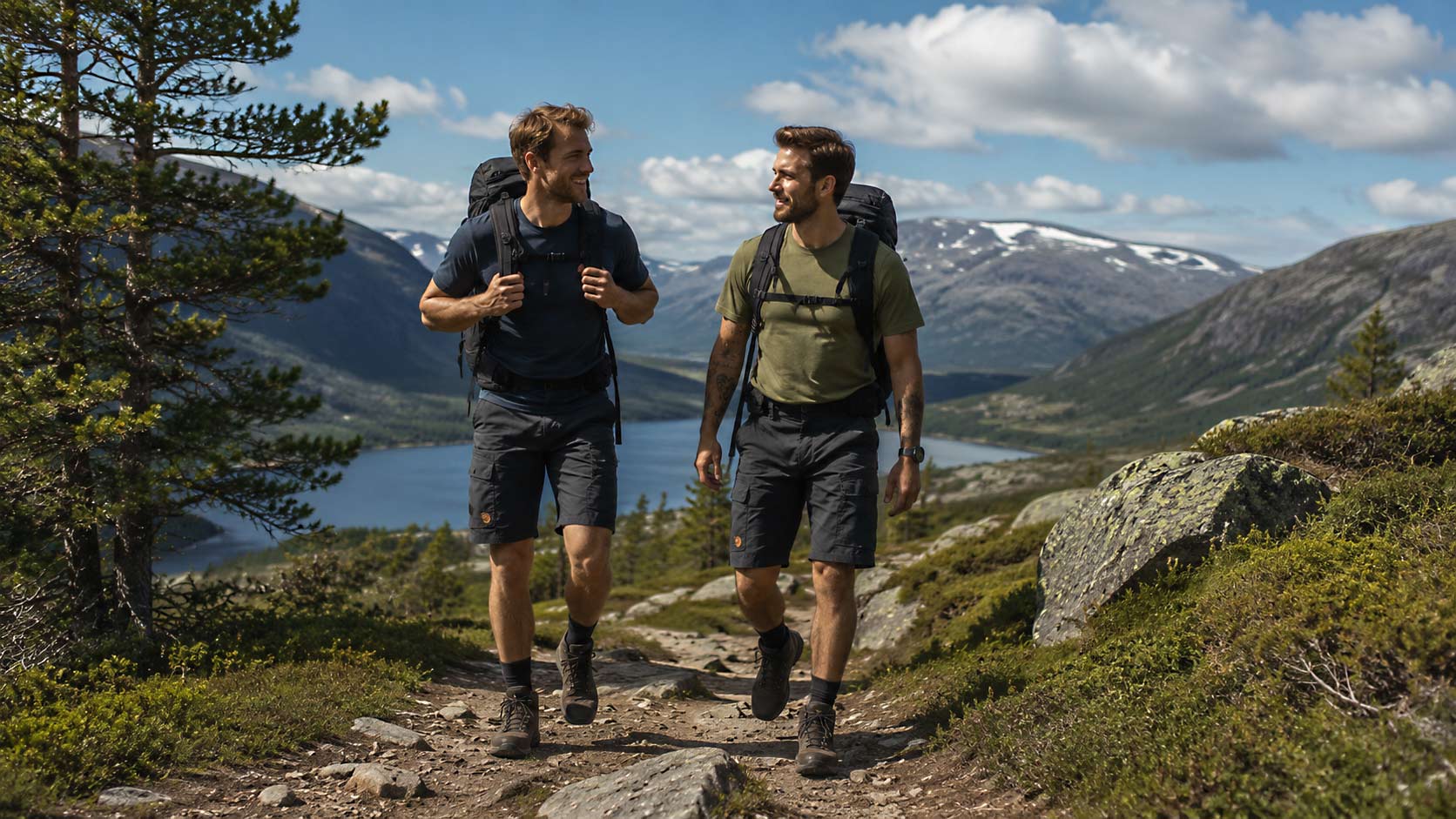 Två vandrare med ryggsäckar bär Fjällräven Ruaha Shorts under en vandring i fjällmiljö med sjö och berg i bakgrunden.